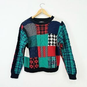 First Issue Handmade Red Green Black Patchwork Cable Knit Vintage Crew Sweater